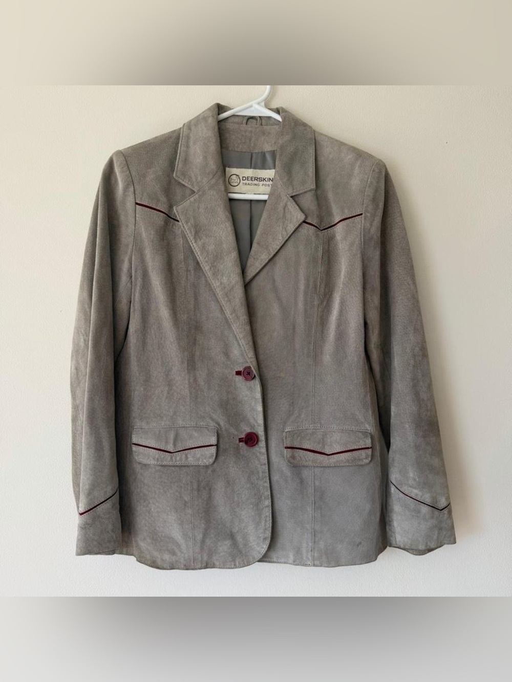 Vintage 1970s Deerskin Trading Post Gray Suede Blazer with Burgundy Piping